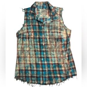 A Rare Bird Bleached Distressed PearlSnap Sleeveless Button Down Plaid Top M/L